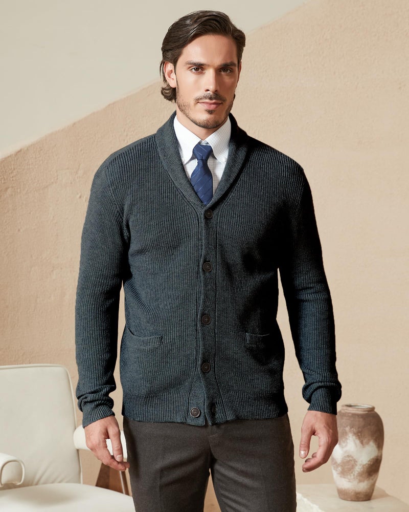 Kallspin Men's Wool Blend Shawl Collar Cardigan Sweater Button Down Knitwear with Pockets(Dark Grey, Large) - Image 2